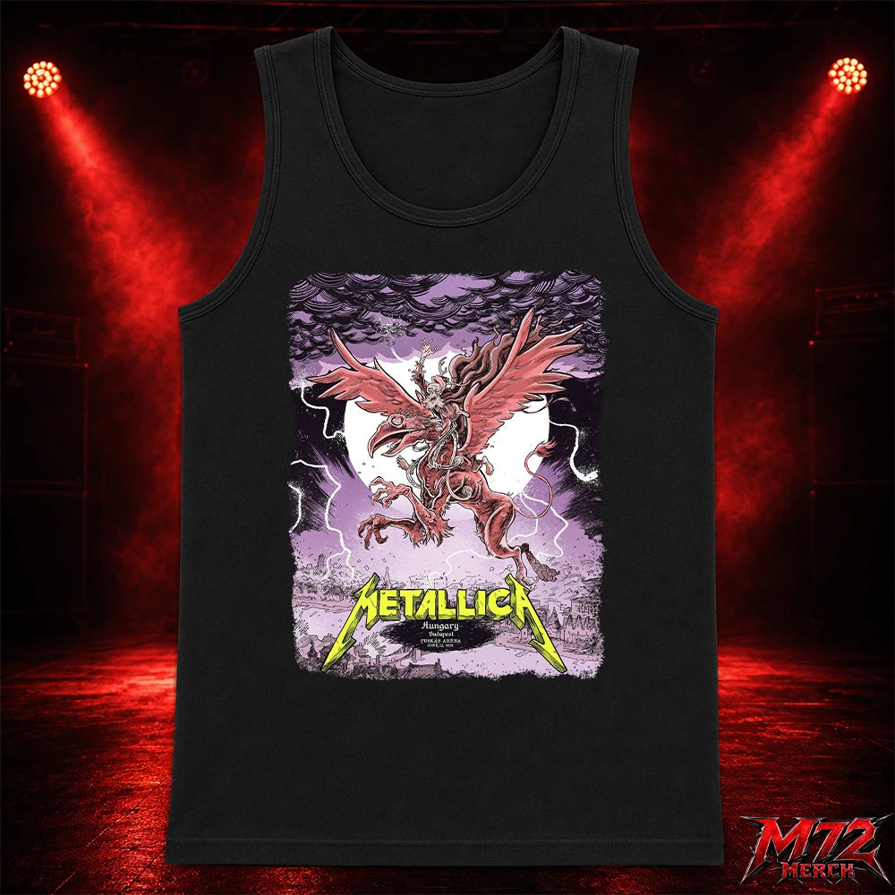 Metallica M72 World Tour June 13 2026 Budapest Hungary Puskás Aréna Tank top featuring winged beast, red wings, storm clouds, lightning, full moon, gothic city scenery, and heavy metal artwork