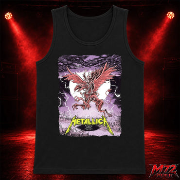 Metallica M72 World Tour June 13 2026 Budapest Hungary Puskás Aréna Tank top featuring winged beast, red wings, storm clouds, lightning, full moon, gothic city scenery, and heavy metal artwork