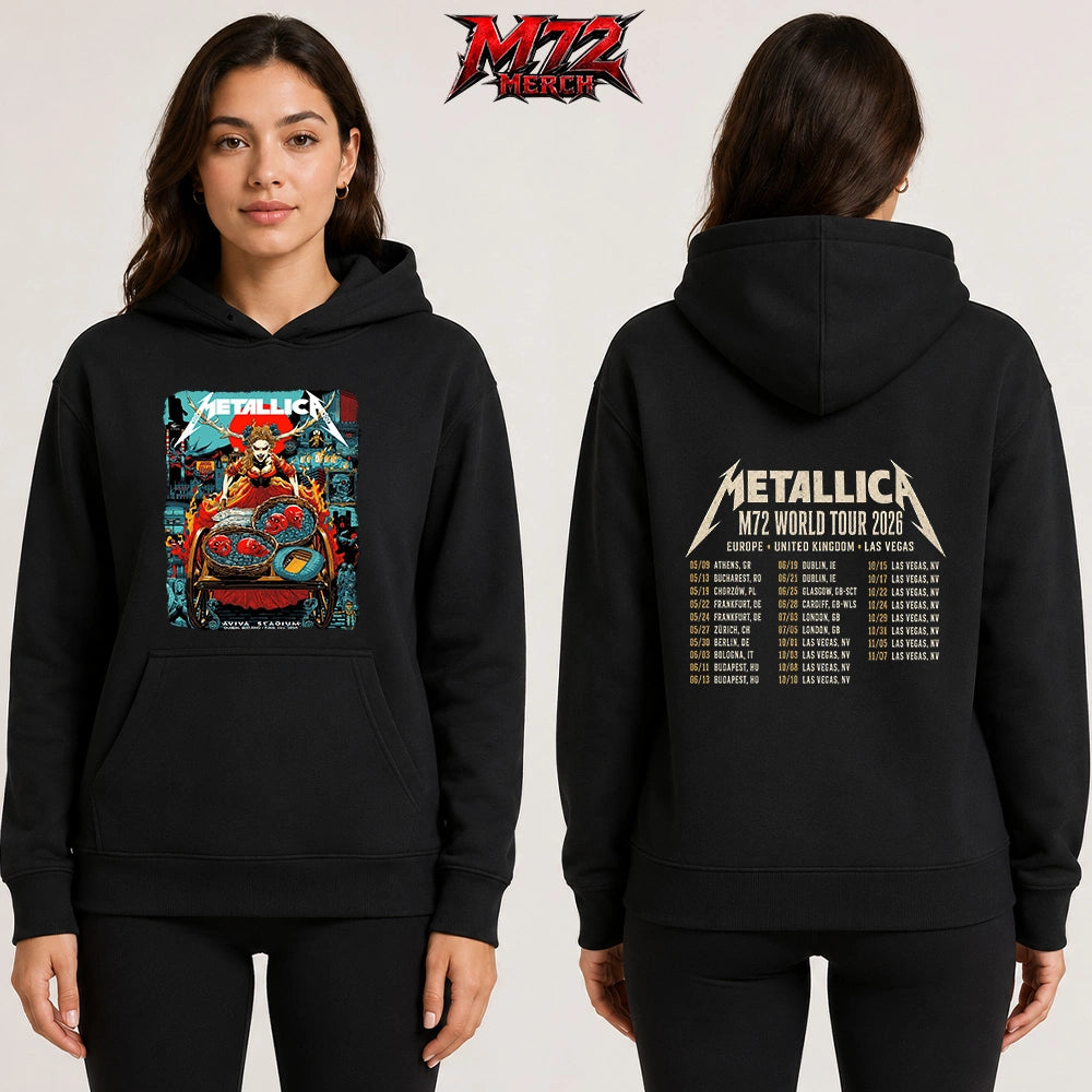 Metallica M72 World Tour June 21 2026 At Aviva Stadium Dublin Ireland Fire Queen Cart Artwork Two Sided Hoodie