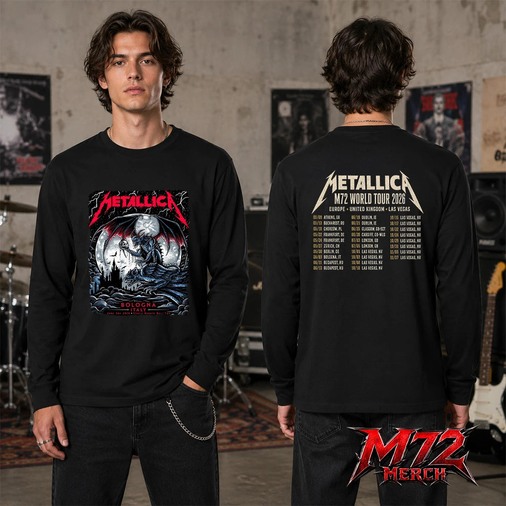 Metallica M72 World Tour June 3 2026 At Stadio Renato Dall’Ara Bologna Italy Gargoyle Moon Artwork By Keith Stanley Two Sided Long Sleeve