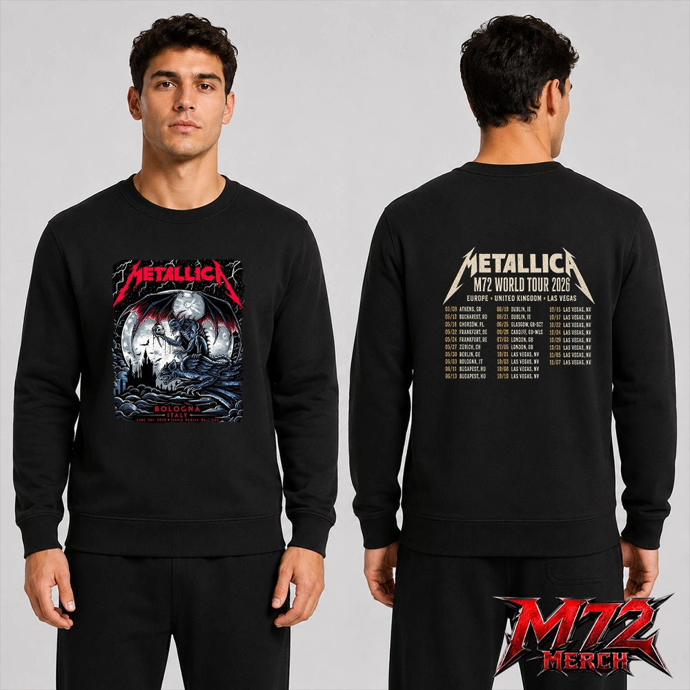 Metallica M72 World Tour June 3 2026 At Stadio Renato Dall’Ara Bologna Italy Gargoyle Moon Artwork By Keith Stanley Two Sided Swearshirt