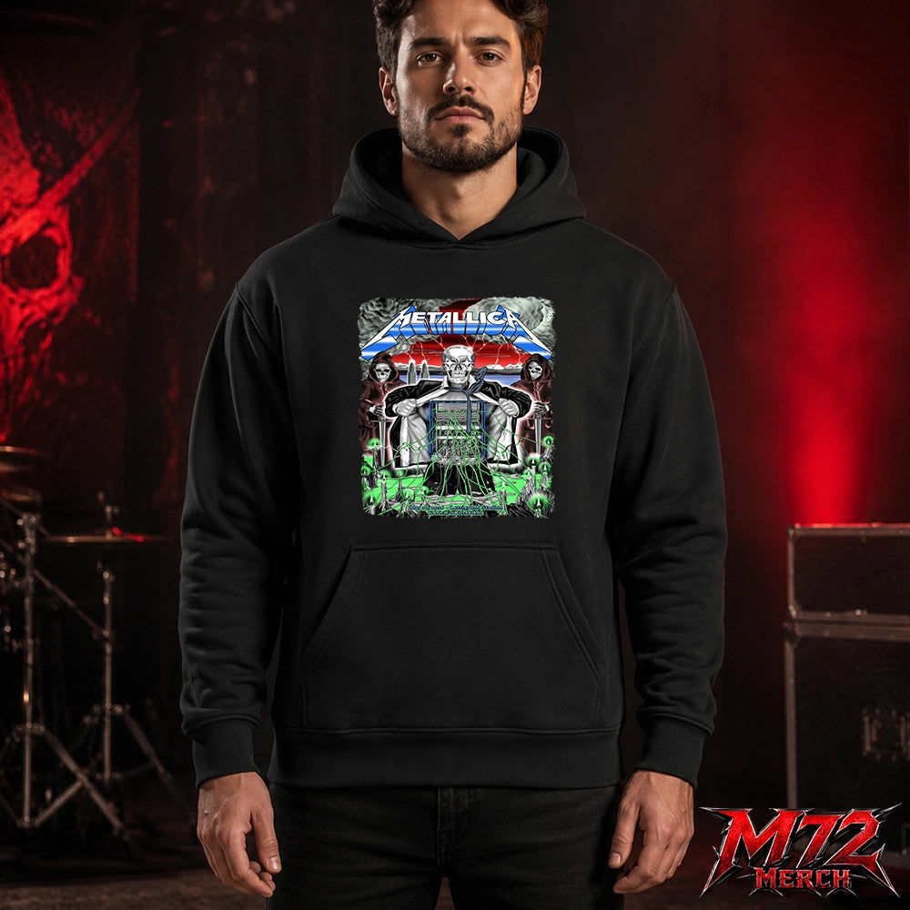 Metallica M72 World Tour May 27 2026 Zurich Switzerland Stadion Letzigrund Hoodie featuring artwork by Luca Schenardi with mummy dagger eye artwork, neon green details, storm energy, and dark concert art