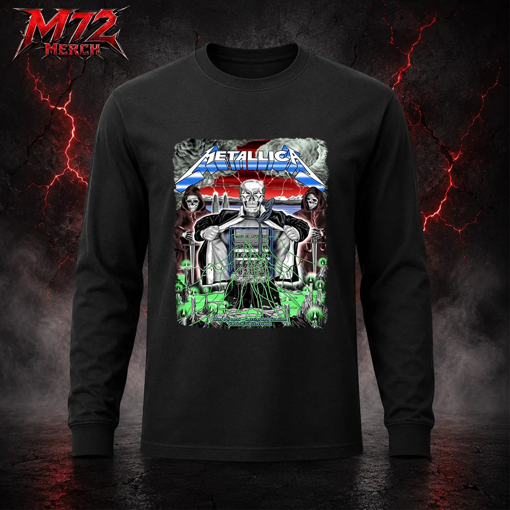 Metallica M72 World Tour May 27 2026 Zurich Switzerland Stadion Letzigrund Long sleeve featuring artwork by Luca Schenardi with mummy dagger eye artwork, neon green details, storm energy, and dark concert art