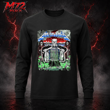 Metallica M72 World Tour May 27 2026 Zurich Switzerland Stadion Letzigrund Long sleeve featuring artwork by Luca Schenardi with mummy dagger eye artwork, neon green details, storm energy, and dark concert art
