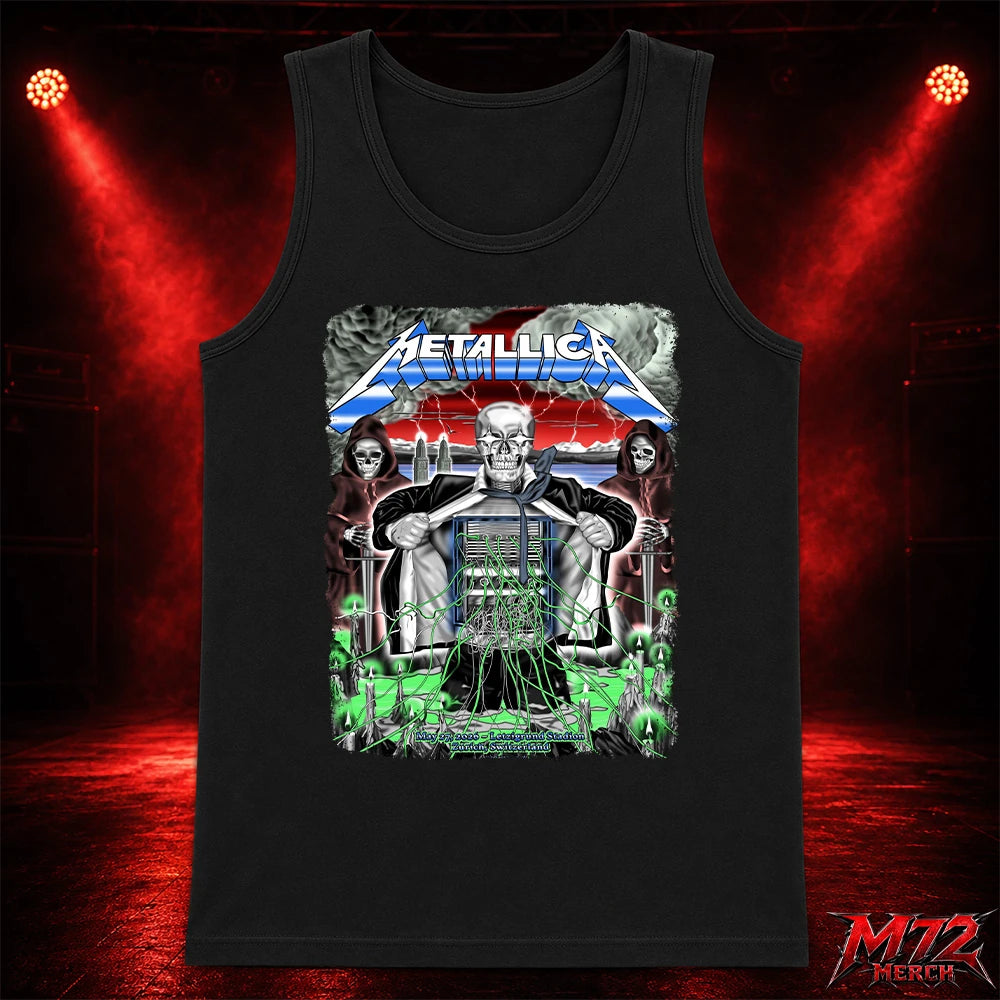 Metallica M72 World Tour May 27 2026 Zurich Switzerland Stadion Letzigrund Tank top featuring artwork by Luca Schenardi with mummy dagger eye artwork, neon green details, storm energy, and dark concert art