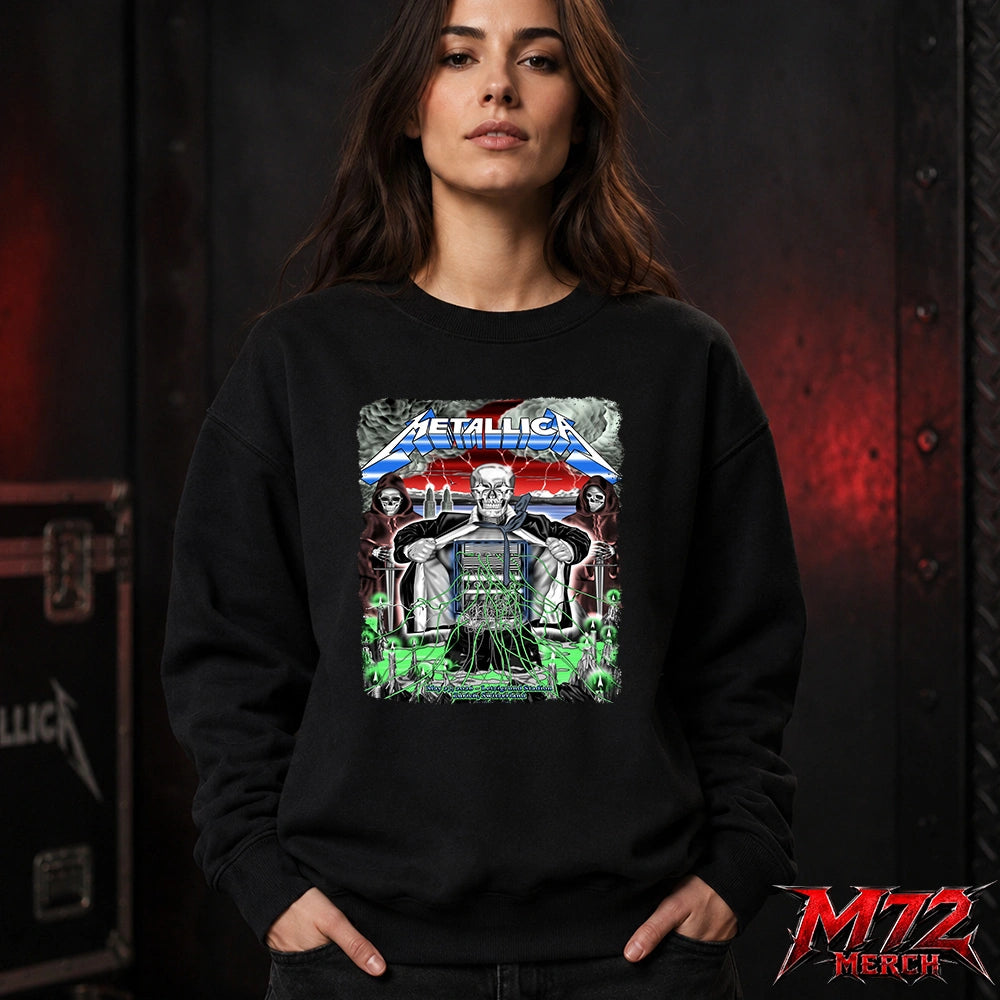 Metallica M72 World Tour May 27 2026 Zurich Switzerland Stadion Letzigrund sweatshirt featuring artwork by Luca Schenardi with mummy dagger eye artwork, neon green details, storm energy, and dark concert art