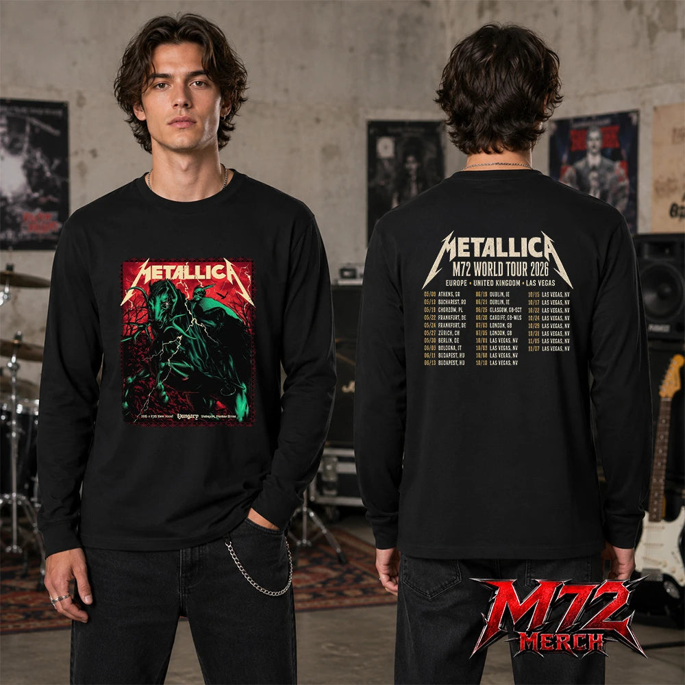 Metallica World Tour M72 June 11 & 13 2026 Budapest Hungary Puskás Aréna Horseman Lightning Two Sided long sleeeve