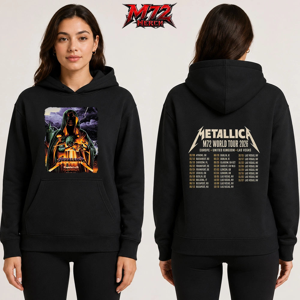 Metallica World Tour M72 May 22 2026 Frankfurt Germany Deutsche Bank Park Cloaked Skull Storm Two Sided Hoodie