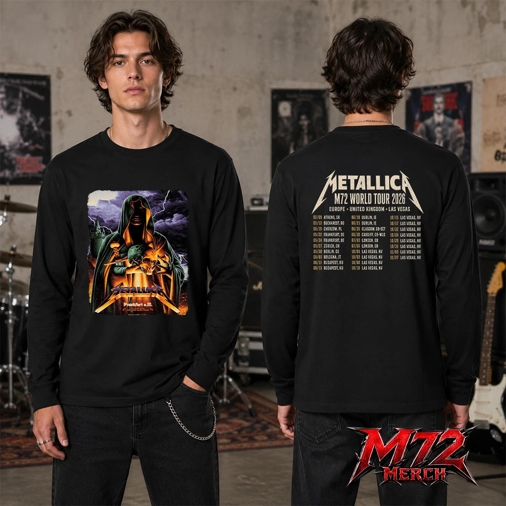 Metallica World Tour M72 May 22 2026 Frankfurt Germany Deutsche Bank Park Cloaked Skull Storm Two Sided Long sleeve