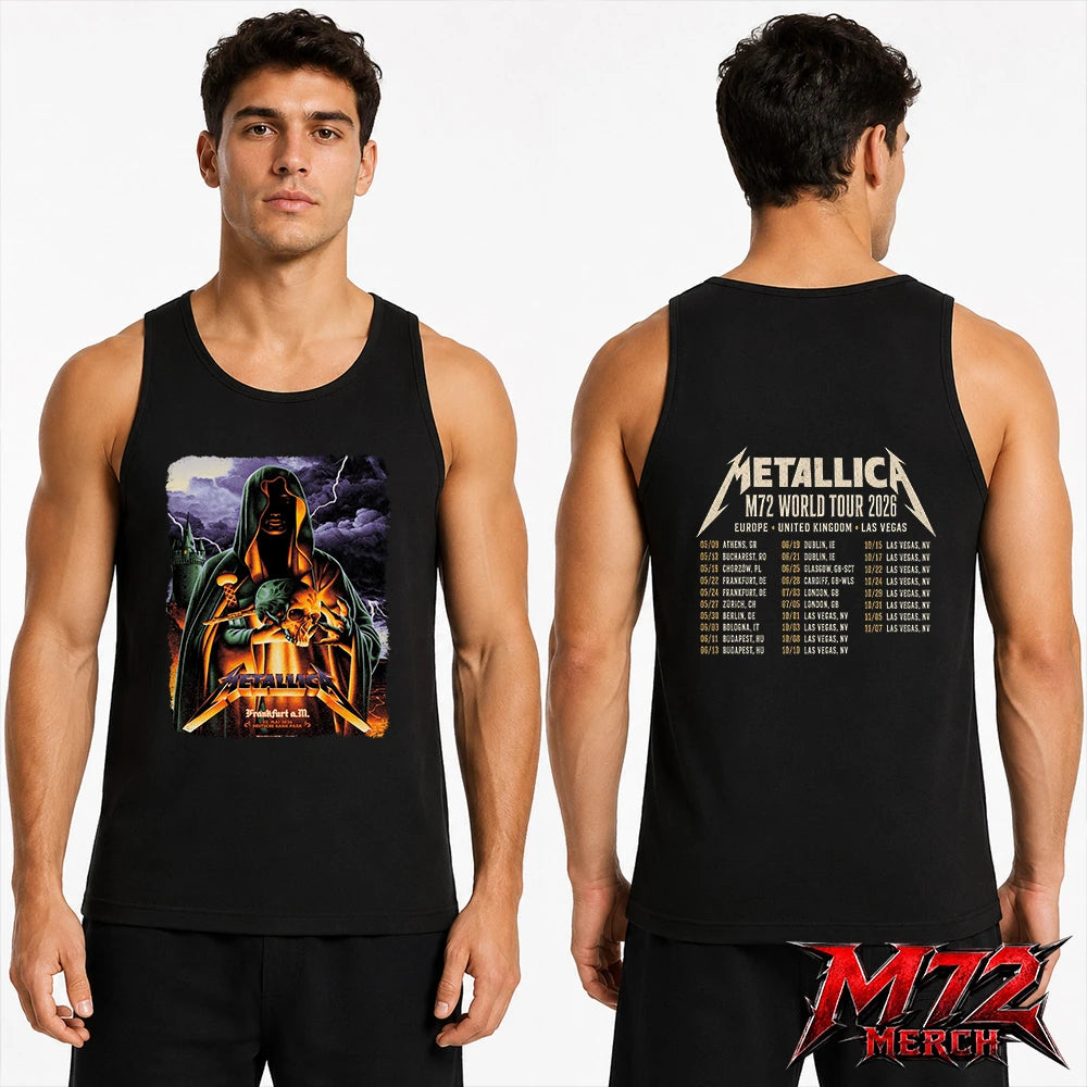 Metallica World Tour M72 May 22 2026 Frankfurt Germany Deutsche Bank Park Cloaked Skull Storm Two Sided Tank top
