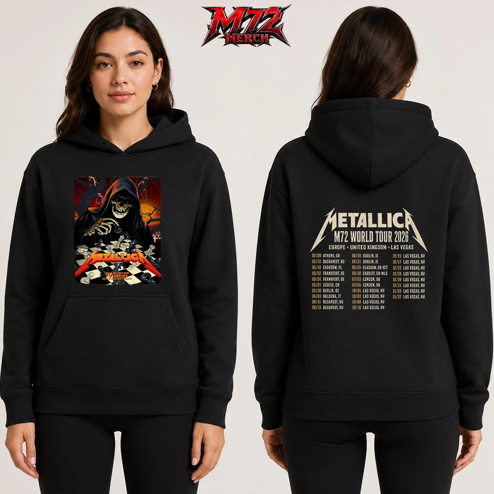 Metallica World Tour M72 May 22 & 24 2026 Frankfurt Germany Deutsche Bank Park Grim Reaper Chess Two Sided Hoodie