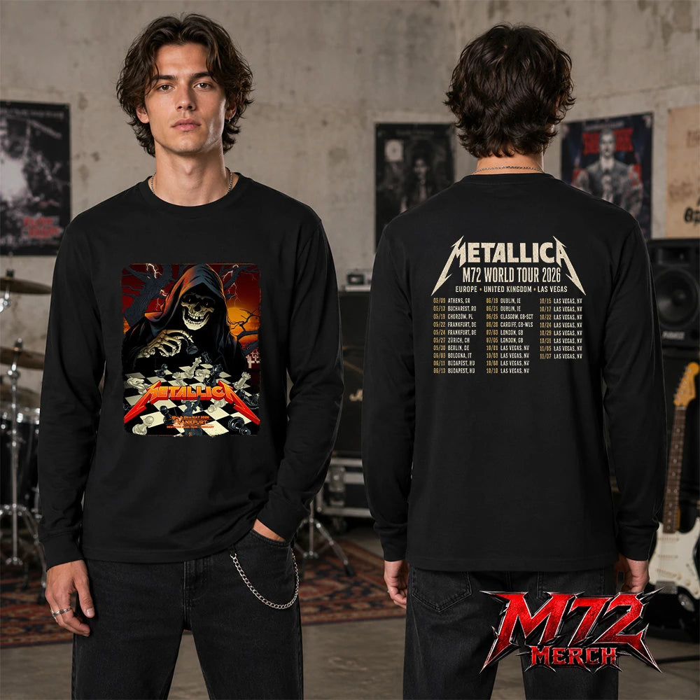 Metallica World Tour M72 May 22 & 24 2026 Frankfurt Germany Deutsche Bank Park Grim Reaper Chess Two Sided Long Sleeve