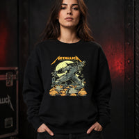Metallica 2026 Halloween T-shirt by WolfSkullJack featuring a roaring werewolf beneath a full moon with pumpkins, graveyard crosses, bats and Seek The Wolf In Thyself artwork.