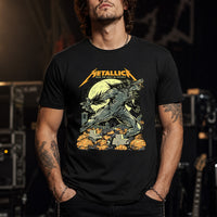 Metallica 2026 Halloween T-shirt by WolfSkullJack featuring a roaring werewolf beneath a full moon with pumpkins, graveyard crosses, bats and Seek The Wolf In Thyself artwork.