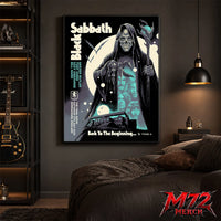 Black Sabbath Back To The Beginning poster canvas by Luke Preece showing a hooded skeletal grim reaper, moon, bats, glowing staff, Villa Park stadium scene, Birmingham England event text and original lineup portraits.