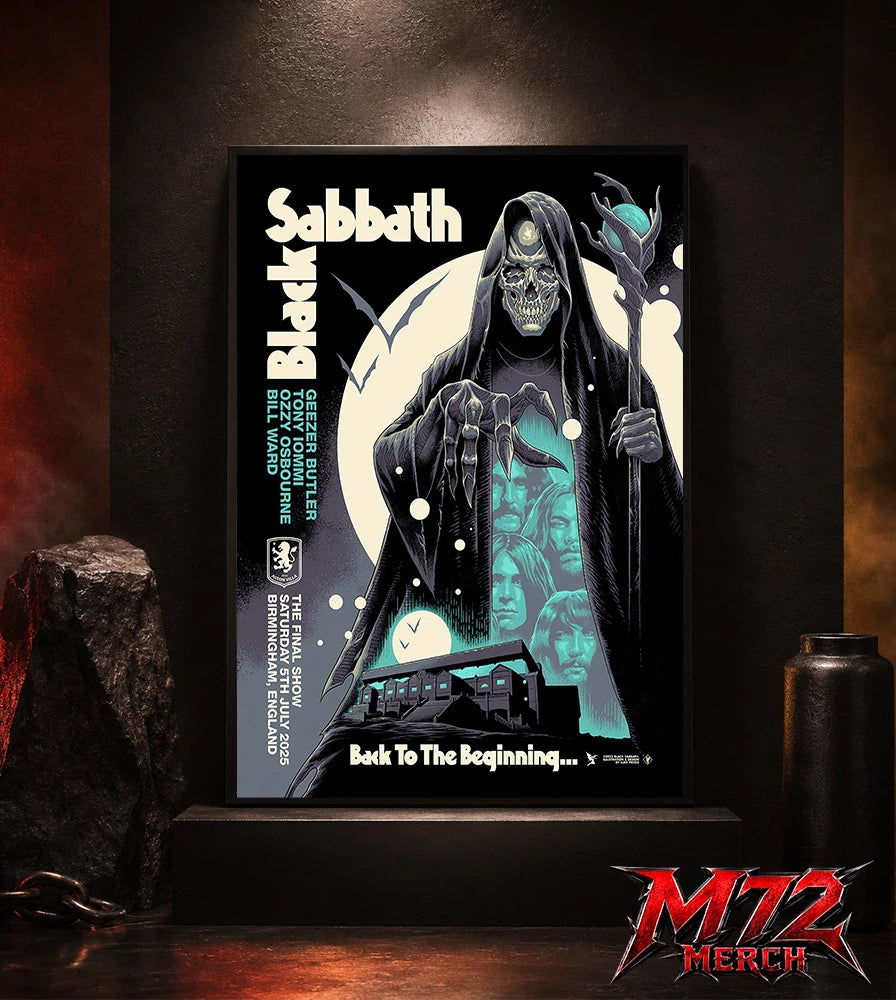Black Sabbath Back To The Beginning poster canvas by Luke Preece showing a hooded skeletal grim reaper, moon, bats, glowing staff, Villa Park stadium scene, Birmingham England event text and original lineup portraits.