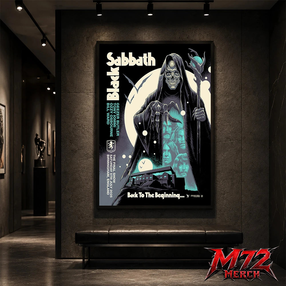 Black Sabbath Back To The Beginning poster canvas by Luke Preece showing a hooded skeletal grim reaper, moon, bats, glowing staff, Villa Park stadium scene, Birmingham England event text and original lineup portraits.