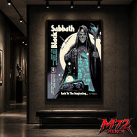 Black Sabbath Back To The Beginning poster canvas by Luke Preece showing a hooded skeletal grim reaper, moon, bats, glowing staff, Villa Park stadium scene, Birmingham England event text and original lineup portraits.