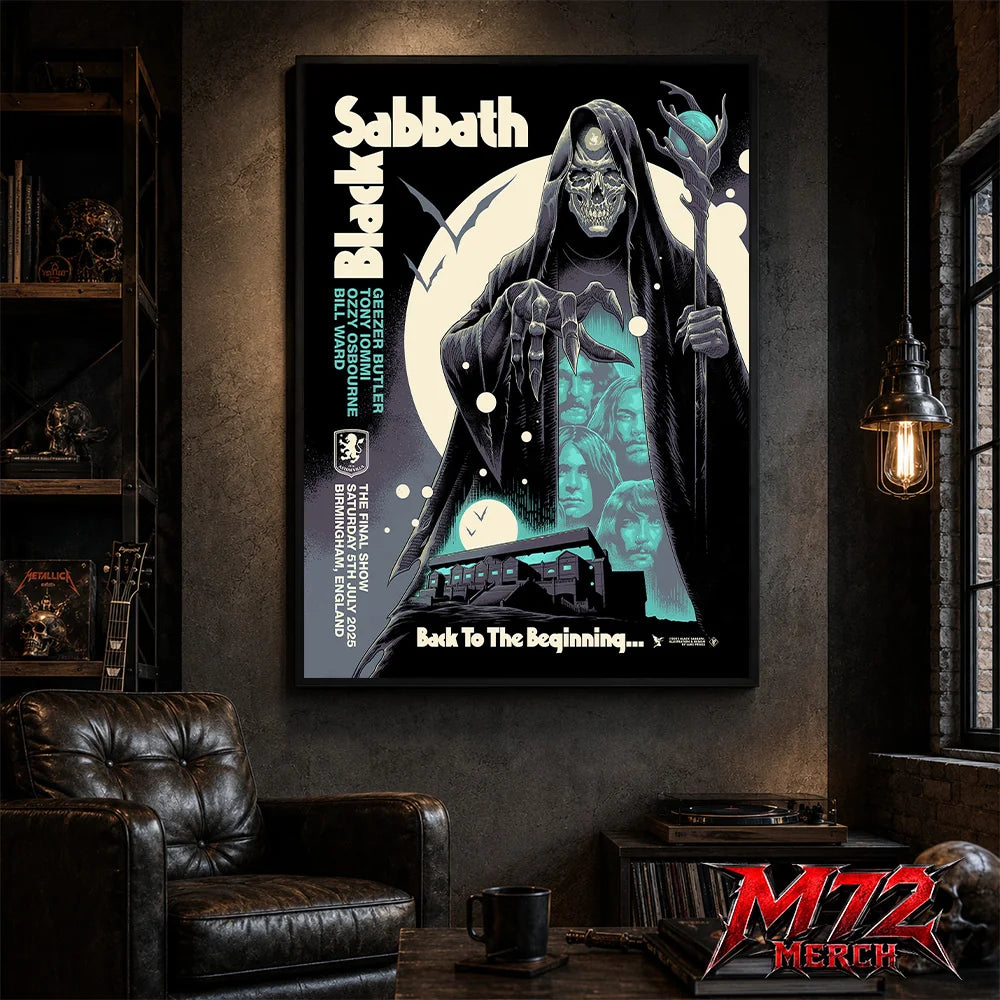 Black Sabbath Back To The Beginning poster canvas by Luke Preece showing a hooded skeletal grim reaper, moon, bats, glowing staff, Villa Park stadium scene, Birmingham England event text and original lineup portraits.