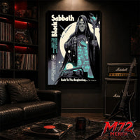 Black Sabbath Back To The Beginning poster canvas by Luke Preece showing a hooded skeletal grim reaper, moon, bats, glowing staff, Villa Park stadium scene, Birmingham England event text and original lineup portraits.