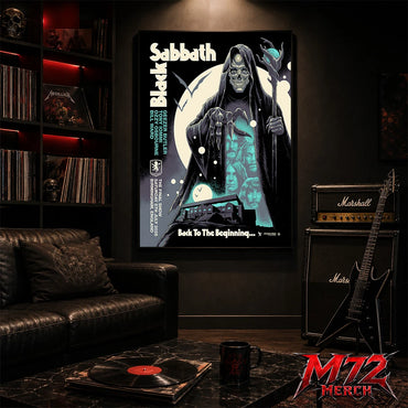 Black Sabbath Back To The Beginning poster canvas by Luke Preece showing a hooded skeletal grim reaper, moon, bats, glowing staff, Villa Park stadium scene, Birmingham England event text and original lineup portraits.