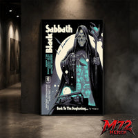 Black Sabbath Back To The Beginning poster canvas by Luke Preece showing a hooded skeletal grim reaper, moon, bats, glowing staff, Villa Park stadium scene, Birmingham England event text and original lineup portraits.