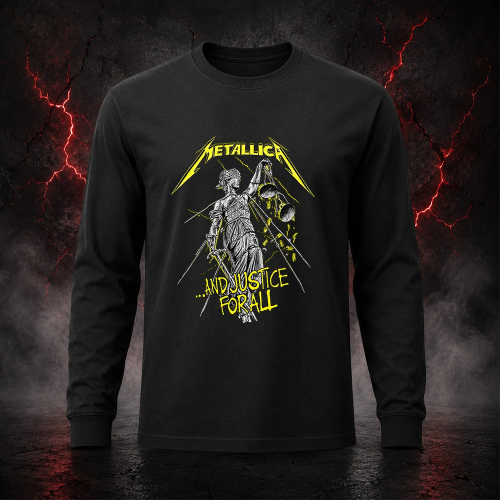 Metallica ...And Justice For All T-shirt featuring blindfolded Lady Justice holding scales and sword with distressed yellow Metallica logo on a black shirt.