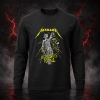 Metallica ...And Justice For All T-shirt featuring blindfolded Lady Justice holding scales and sword with distressed yellow Metallica logo on a black shirt.