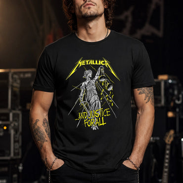Metallica ...And Justice For All T-shirt featuring blindfolded Lady Justice holding scales and sword with distressed yellow Metallica logo on a black shirt.