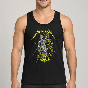 Metallica ...And Justice For All T-shirt featuring blindfolded Lady Justice holding scales and sword with distressed yellow Metallica logo on a black shirt.