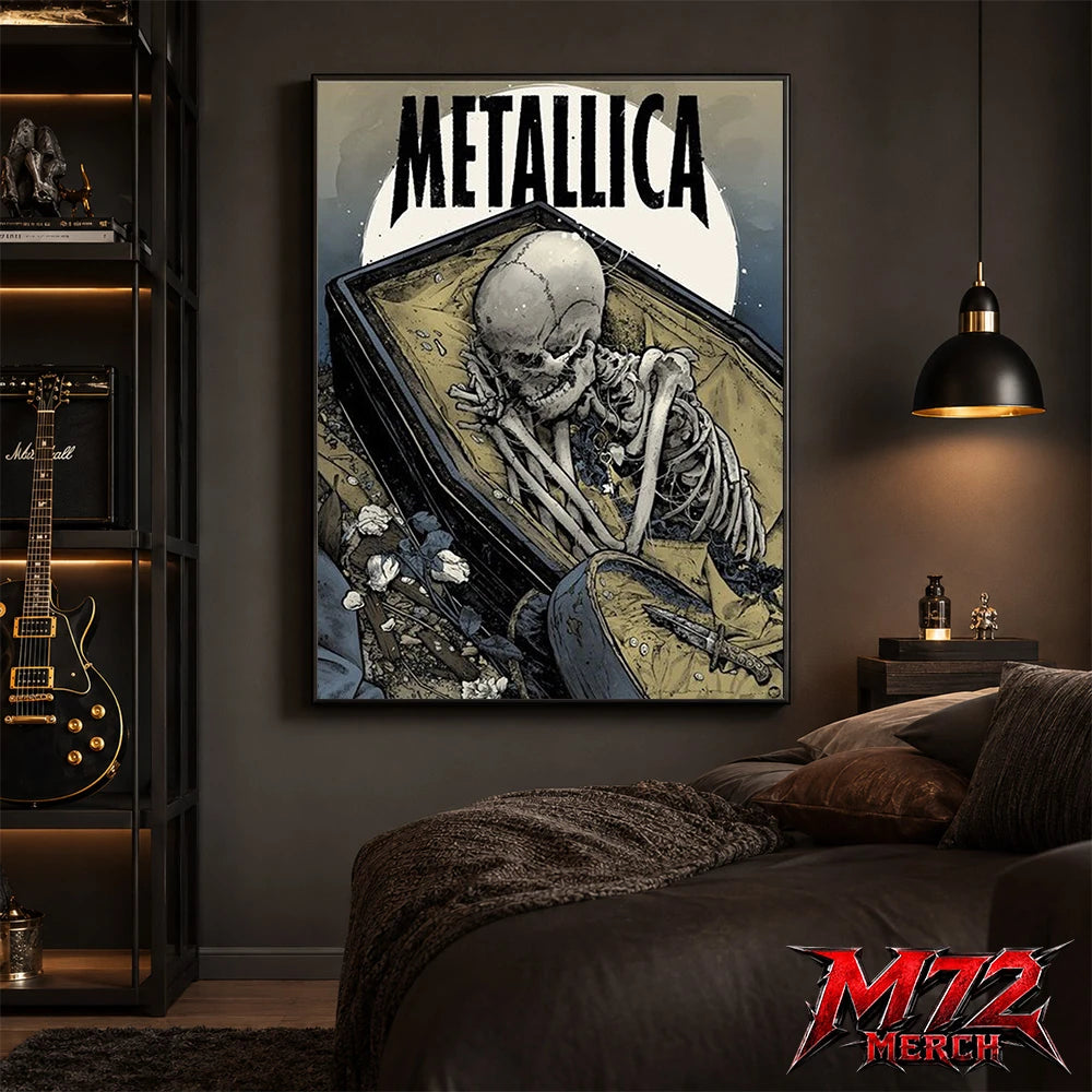 Metallica poster canvas featuring Coffin Skeleton Moon Artwork with a skeleton resting inside an open coffin, large pale moon, wilted flowers, muted blue-gray tones, and gothic heavy metal style