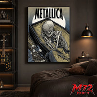 Metallica poster canvas featuring Coffin Skeleton Moon Artwork with a skeleton resting inside an open coffin, large pale moon, wilted flowers, muted blue-gray tones, and gothic heavy metal style