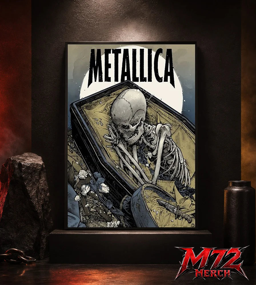 Metallica poster canvas featuring Coffin Skeleton Moon Artwork with a skeleton resting inside an open coffin, large pale moon, wilted flowers, muted blue-gray tones, and gothic heavy metal style