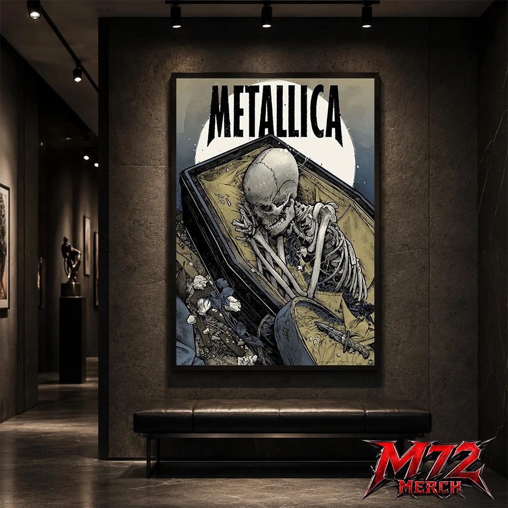 Metallica poster canvas featuring Coffin Skeleton Moon Artwork with a skeleton resting inside an open coffin, large pale moon, wilted flowers, muted blue-gray tones, and gothic heavy metal style
