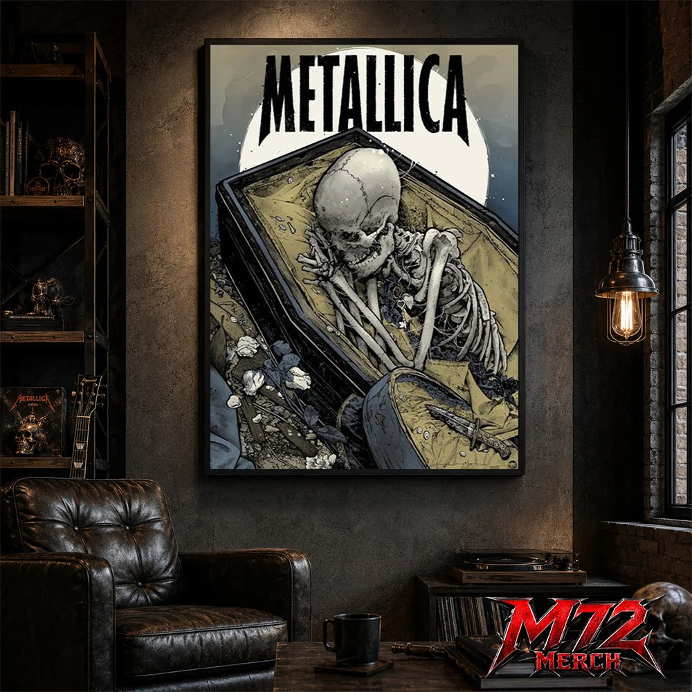 Metallica poster canvas featuring Coffin Skeleton Moon Artwork with a skeleton resting inside an open coffin, large pale moon, wilted flowers, muted blue-gray tones, and gothic heavy metal style