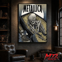 Metallica poster canvas featuring Coffin Skeleton Moon Artwork with a skeleton resting inside an open coffin, large pale moon, wilted flowers, muted blue-gray tones, and gothic heavy metal style