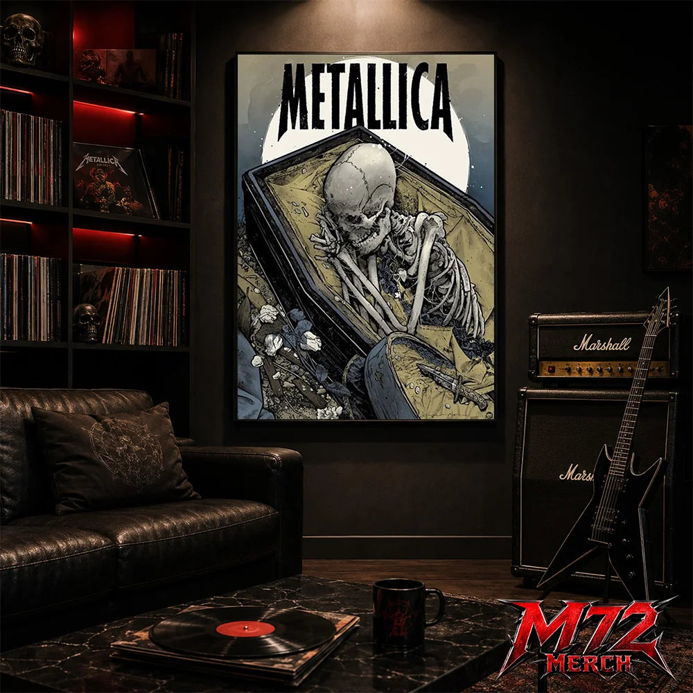 Metallica poster canvas featuring Coffin Skeleton Moon Artwork with a skeleton resting inside an open coffin, large pale moon, wilted flowers, muted blue-gray tones, and gothic heavy metal style