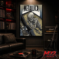 Metallica poster canvas featuring Coffin Skeleton Moon Artwork with a skeleton resting inside an open coffin, large pale moon, wilted flowers, muted blue-gray tones, and gothic heavy metal style