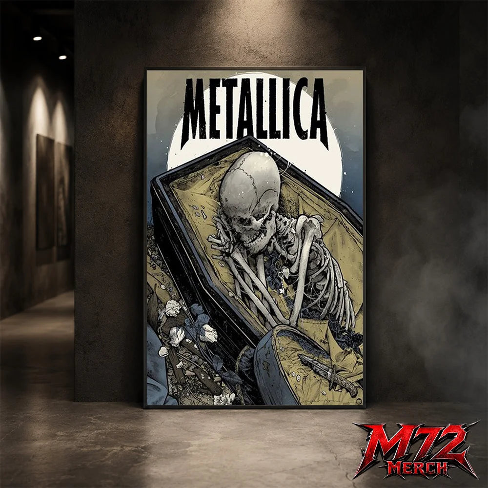 Metallica poster canvas featuring Coffin Skeleton Moon Artwork with a skeleton resting inside an open coffin, large pale moon, wilted flowers, muted blue-gray tones, and gothic heavy metal style