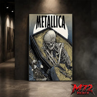 Metallica poster canvas featuring Coffin Skeleton Moon Artwork with a skeleton resting inside an open coffin, large pale moon, wilted flowers, muted blue-gray tones, and gothic heavy metal style