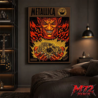 Metallica Devil's Dance Reload 1997 poster canvas featuring a sinister demon surrounded by flames, mysterious relics, treasure, vintage heavy metal artwork, and classic Reload era design