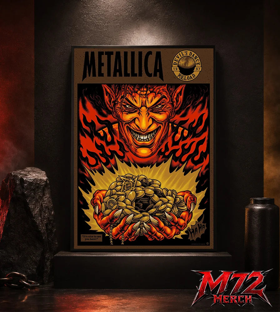Metallica Devil's Dance Reload 1997 poster canvas featuring a sinister demon surrounded by flames, mysterious relics, treasure, vintage heavy metal artwork, and classic Reload era design