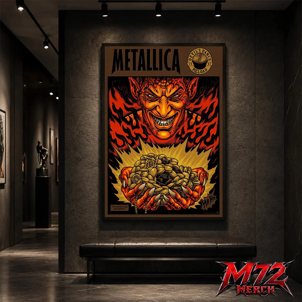 Metallica Devil's Dance Reload 1997 poster canvas featuring a sinister demon surrounded by flames, mysterious relics, treasure, vintage heavy metal artwork, and classic Reload era design
