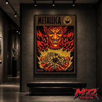 Metallica Devil's Dance Reload 1997 poster canvas featuring a sinister demon surrounded by flames, mysterious relics, treasure, vintage heavy metal artwork, and classic Reload era design