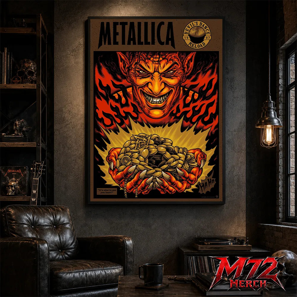 Metallica Devil's Dance Reload 1997 poster canvas featuring a sinister demon surrounded by flames, mysterious relics, treasure, vintage heavy metal artwork, and classic Reload era design