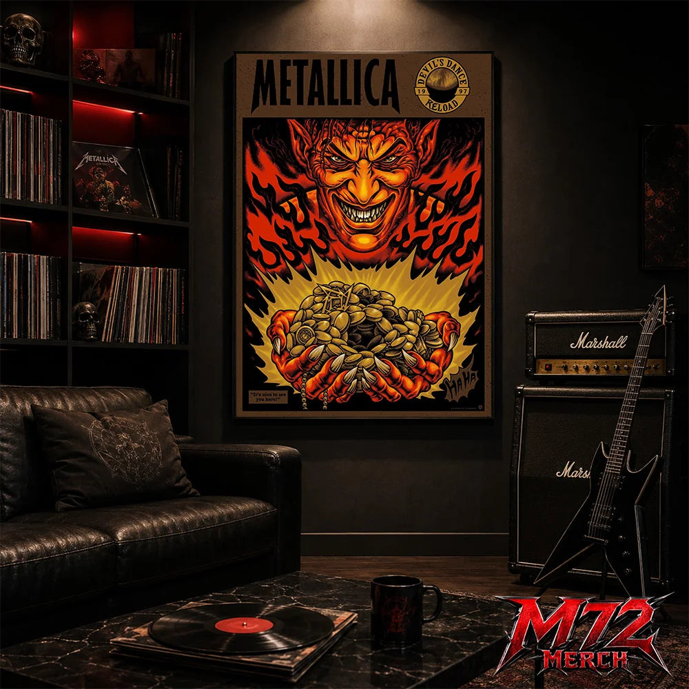 Metallica Devil's Dance Reload 1997 poster canvas featuring a sinister demon surrounded by flames, mysterious relics, treasure, vintage heavy metal artwork, and classic Reload era design