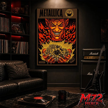 Metallica Devil's Dance Reload 1997 poster canvas featuring a sinister demon surrounded by flames, mysterious relics, treasure, vintage heavy metal artwork, and classic Reload era design