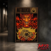 Metallica Devil's Dance Reload 1997 poster canvas featuring a sinister demon surrounded by flames, mysterious relics, treasure, vintage heavy metal artwork, and classic Reload era design