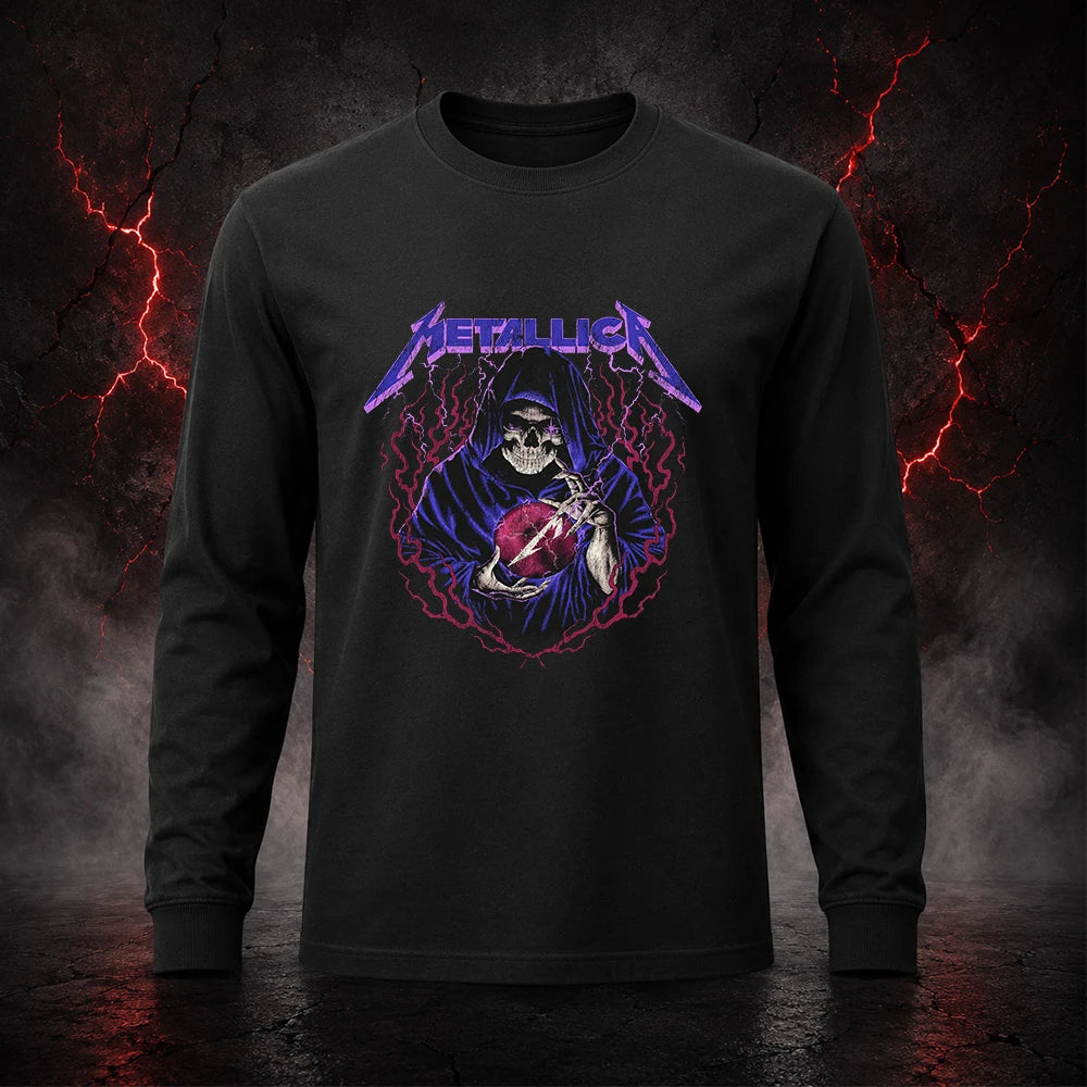 Metallica Life Burns Faster Sphere Las Vegas United States T-shirt featuring a hooded skeletal fortune teller holding a glowing red Sphere surrounded by purple lightning and magenta flames.