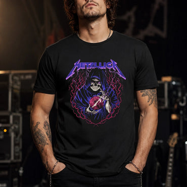 Metallica Life Burns Faster Sphere Las Vegas United States T-shirt featuring a hooded skeletal fortune teller holding a glowing red Sphere surrounded by purple lightning and magenta flames.
